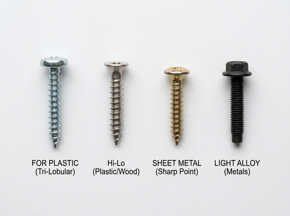 thread forming screws — four main variants: plastic tri-lobular, Hi-Lo, sheet metal, and light alloy