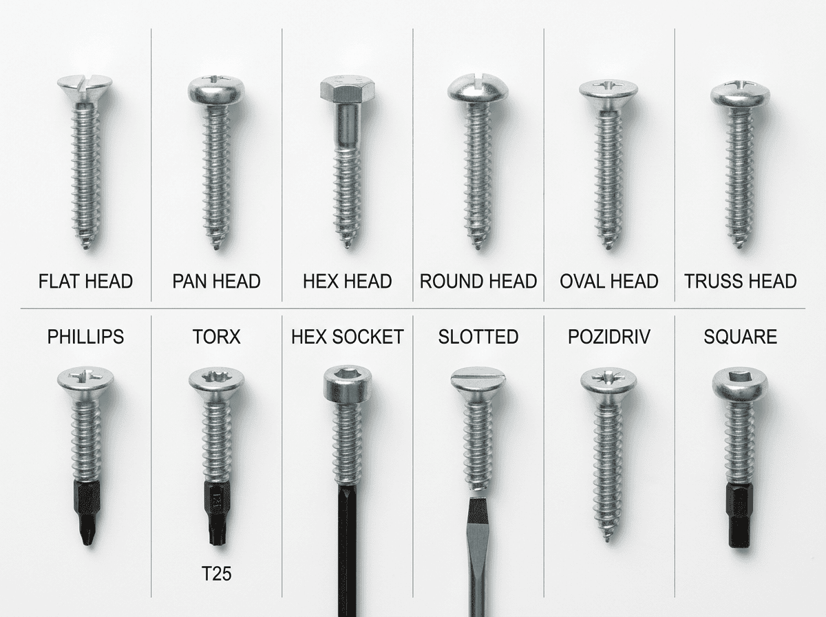 what is a screw — illustrated diagram showing major screw head types and drive types side by side