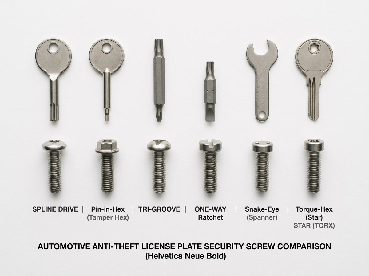anti theft license plate bolts — diagram showing six types of security fastener drives
