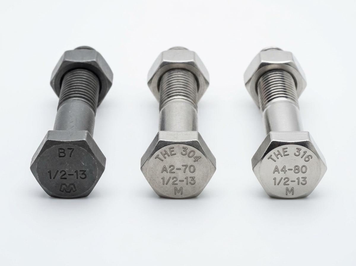 astm a193 — illustration comparing alloy steel B7 studs versus stainless B8 bolts side by side with grade markings