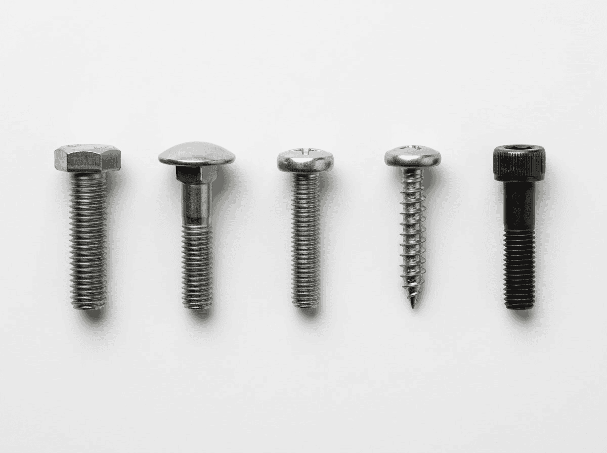 Different types of industrial bolts and screws including hex bolts, machine screws, and self-tapping screws arranged in a row for manufacturing and construction use.