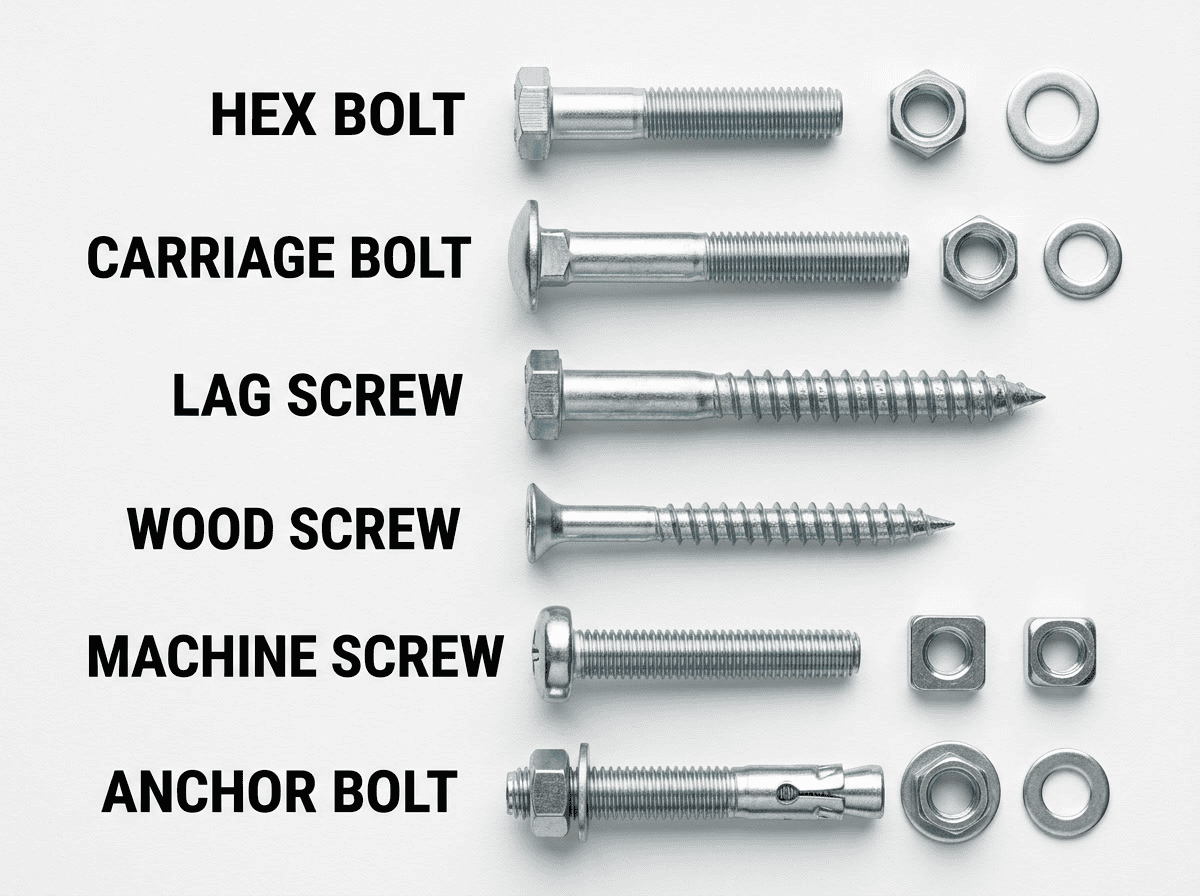 Hex bolt, carriage bolt, lag screw, wood screw, machine screw, and anchor bolt for construction and manufacturing needs.