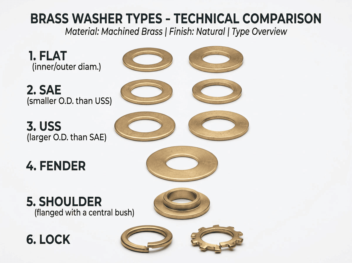 brass washers types diagram showing flat sealing fender shoulder and lock varieties side by side