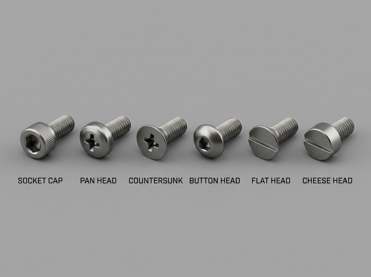 M2 screw dimensions — types overview showing pan head, socket cap, countersunk, and button head profiles side by side