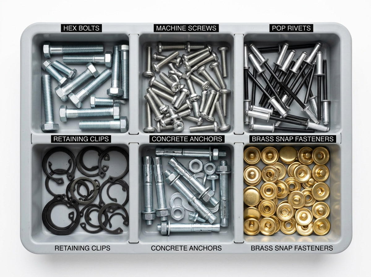 metal fastener — types overview showing bolts nuts screws rivets clips and anchors categorized