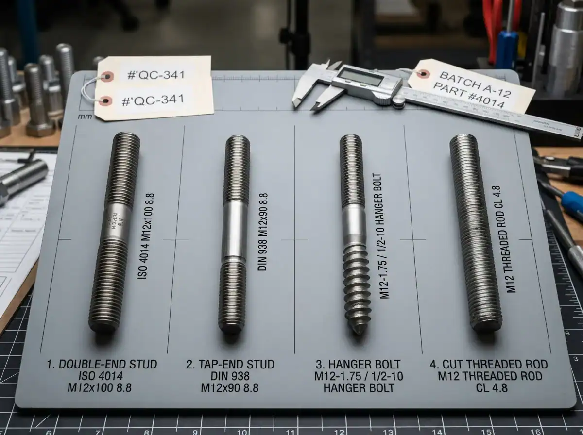 A close-up of various industrial screws and bolts, including double-end studs, tap-end studs, hanger bolts, and threaded rods, arranged on a flat surface for manufacturing and engineering applications.