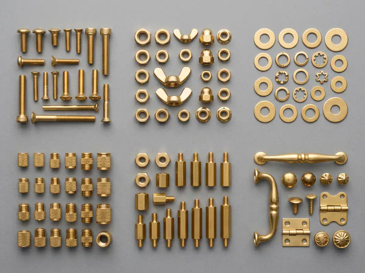 Assorted industrial fasteners including bolts, nuts, washers, and screws arranged on a gray background, showcasing high-quality manufacturing for construction and machinery.