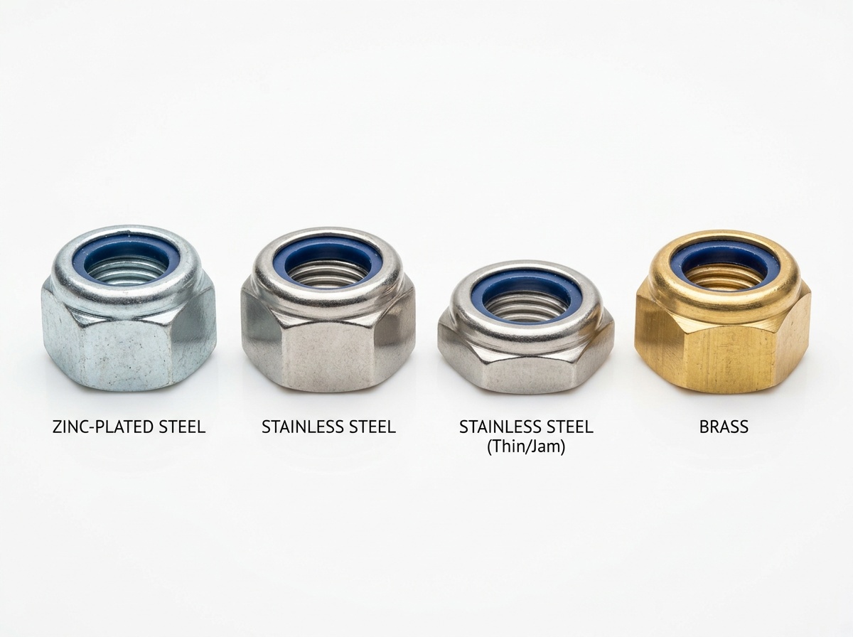 Nylon insert lock nuts — types comparison: standard, thin/jam, stainless, and zinc-plated side by side