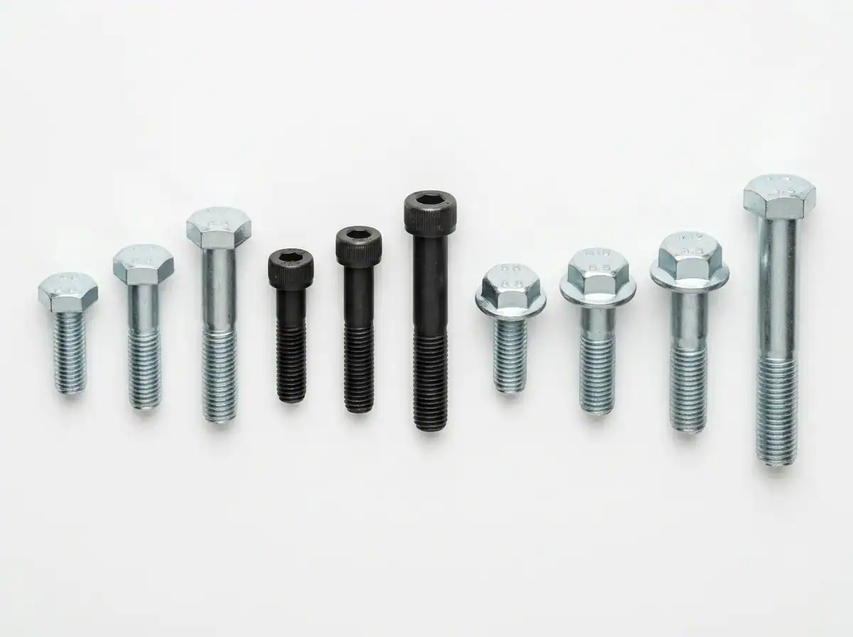 Various hex bolts and industrial screws in different sizes and finishes, suitable for heavy-duty industrial applications.