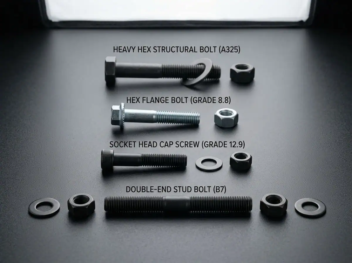 high strength bolts comparison image showing heavy hex structural bolts, flange bolts, socket screws, and stud bolts laid out by type on a neutral industrial background