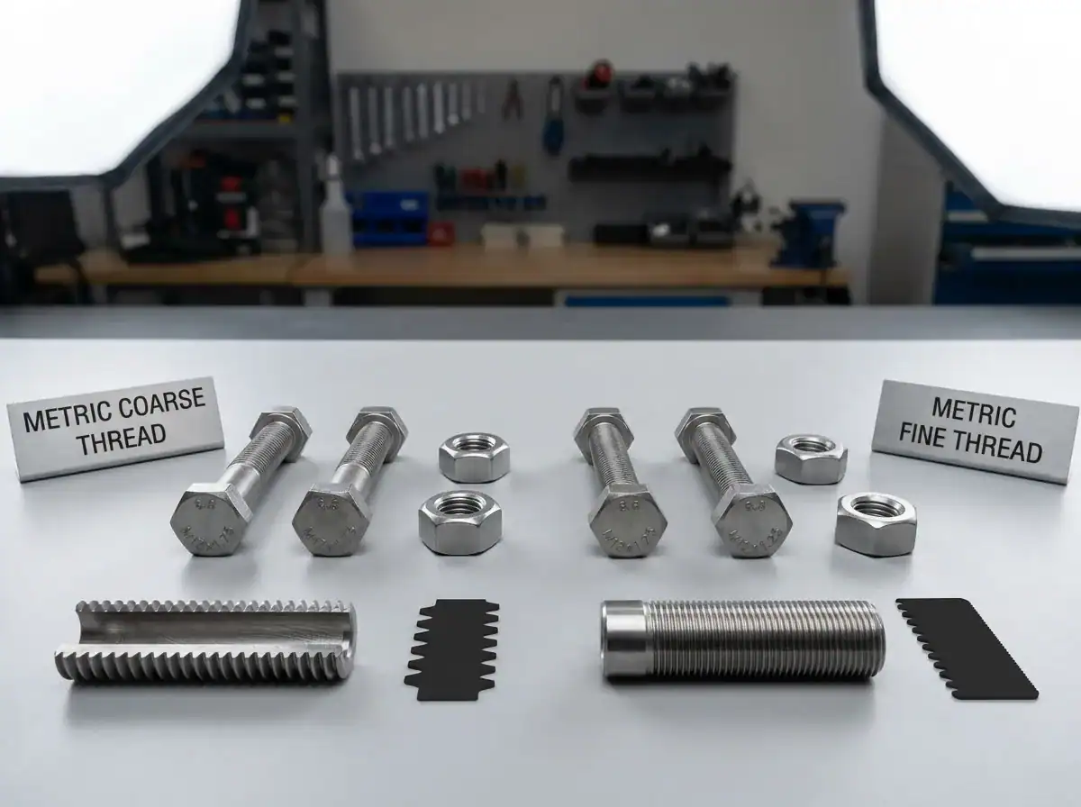 Industrial bolts and nuts including metric coarse and fine threads, with thread cutting tools on a workbench in a manufacturing setting.