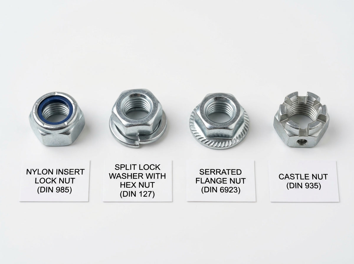 nylon nut lock — types comparison illustration showing nyloc nut, split lock washer assembly, serrated flange nut, and castle nut side by side on white background, clean editorial infographic style