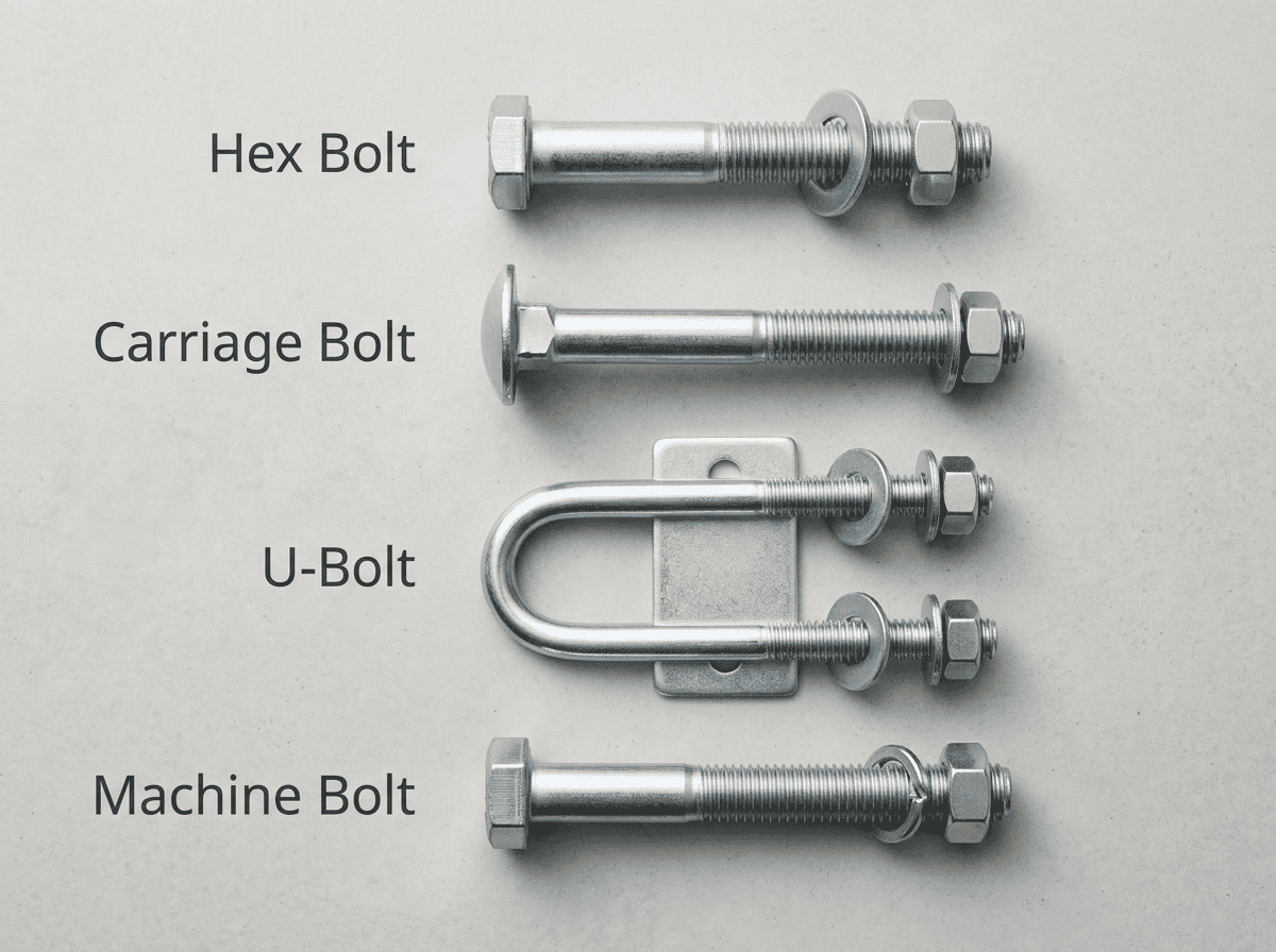 High-quality hex, carriage, U-bolt, and machine bolts displayed for industrial fastening applications. Manufactured by DingLong, a trusted supplier of flange bolts and industrial screws.