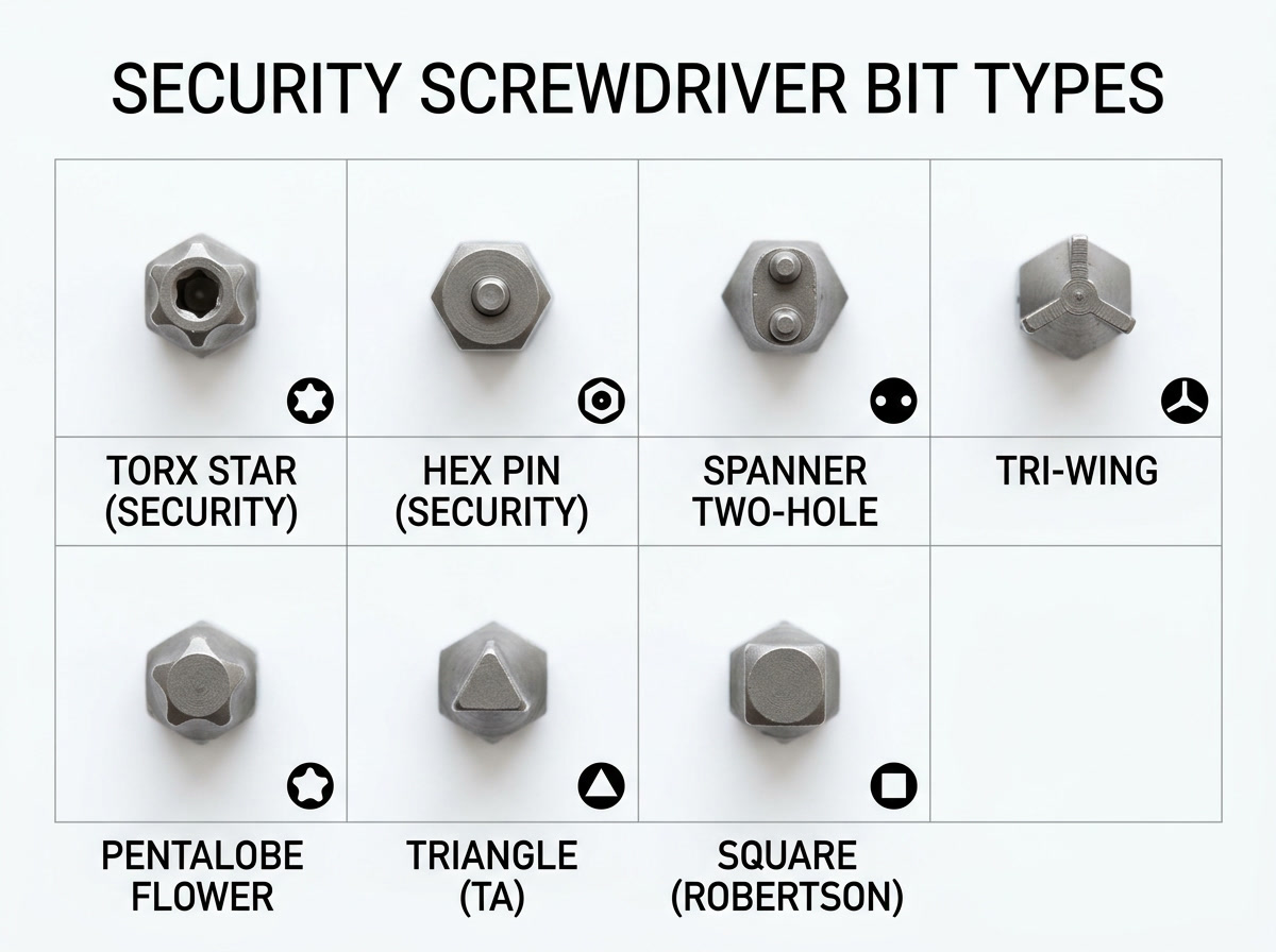 security bit types — illustrated diagram showing Torx, hex, spanner, tri-wing, and pentalobe security bit profiles side by side