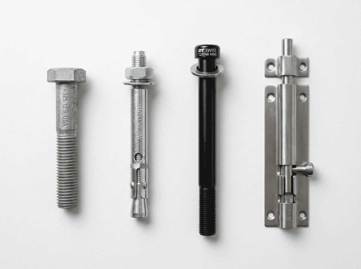 thru bolt types — an editorial illustration showing structural hex bolt, concrete wedge anchor, bicycle thru axle, and door barrel bolt side by side