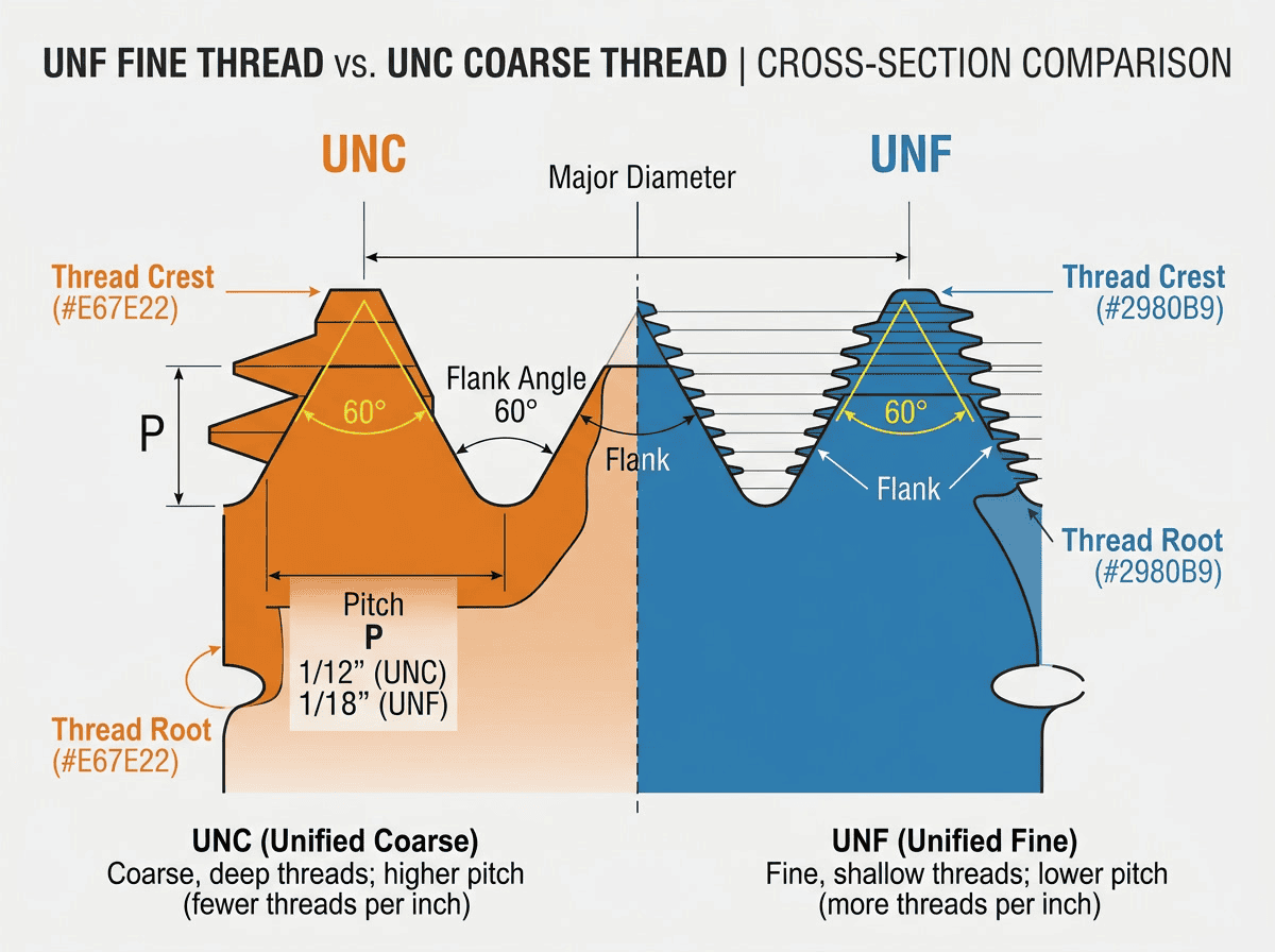 UNF thread — types and sizes illustration showing a comparison diagram of UNF fine thread profiles versus UNC coarse thread profiles