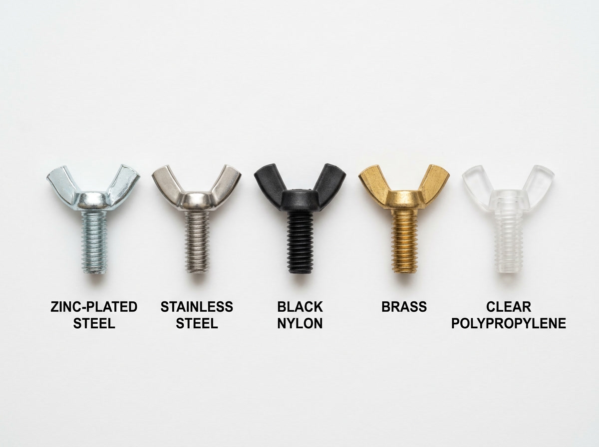 wing nuts and bolts — mid-body illustration showing five types of wing nuts arranged by material: zinc, stainless, plastic, nylon, and brass