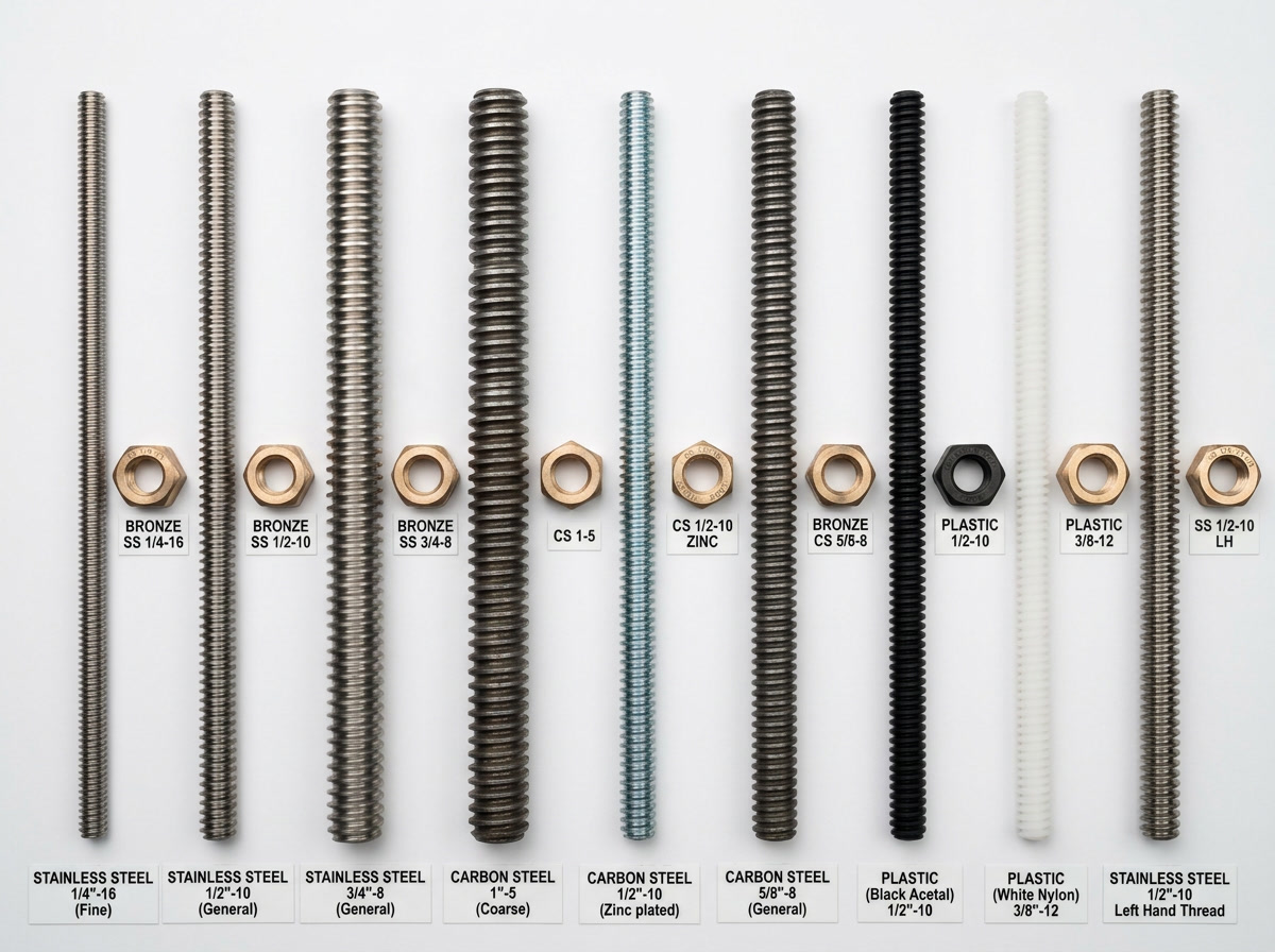 Acme threaded rod types — illustration showing different diameters, materials, and precision grades side by side
