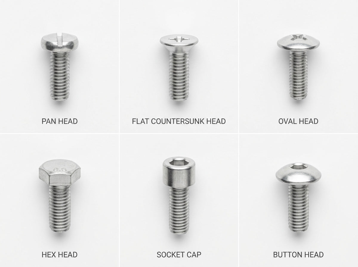 aluminum screws — illustration showing six head style variants: pan, flat, oval, round, hex, and socket cap