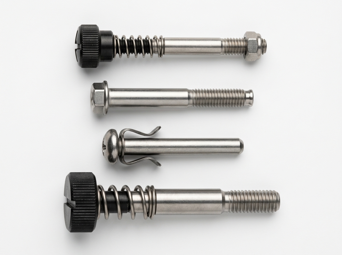 Captive screw — types overview showing spring-loaded, press-fit, snap-in, and floating variants side by side