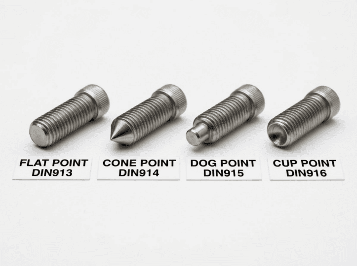 High-quality industrial screws and bolts including flat point, cone point, dog point, and cup point types, designed for durability and reliable fastening in industrial settings.