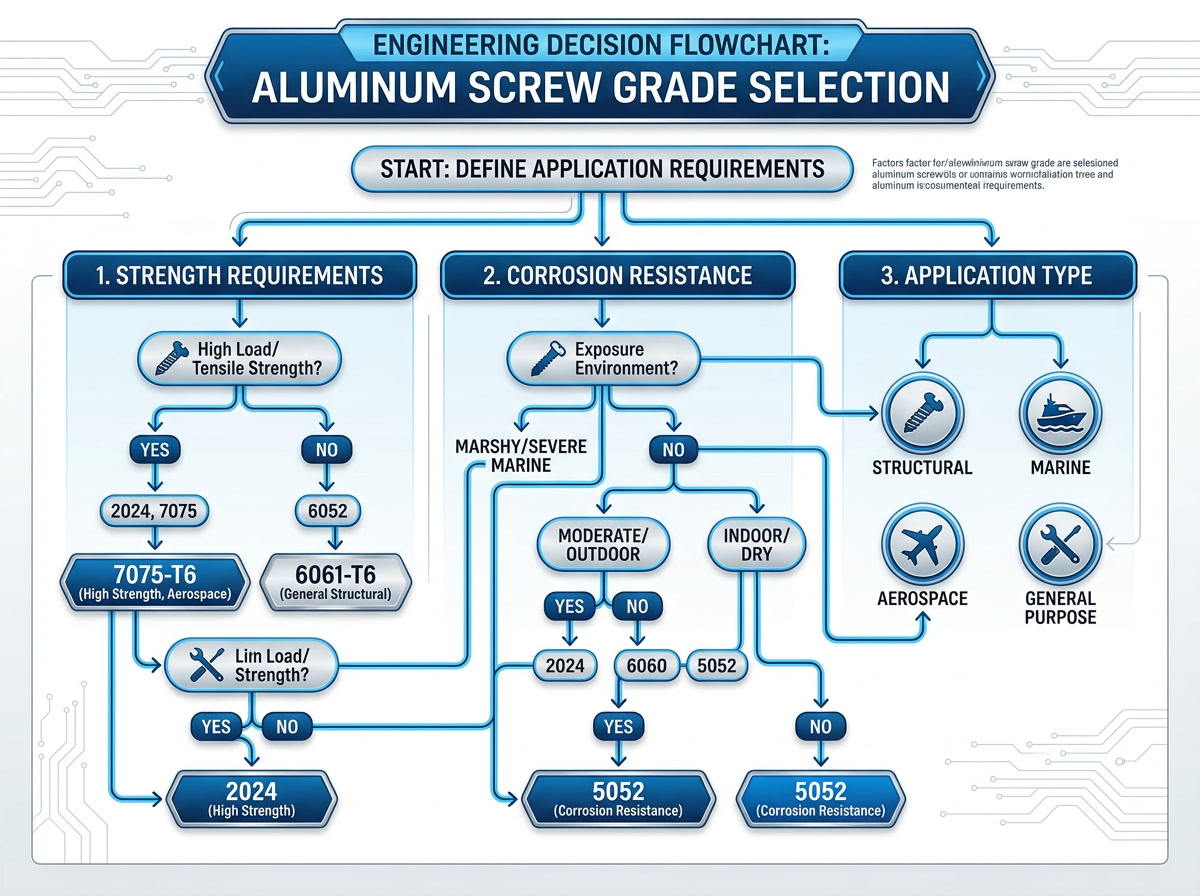 aluminum screws — decision flowchart for selecting aluminum screw grade and type based on application requirements