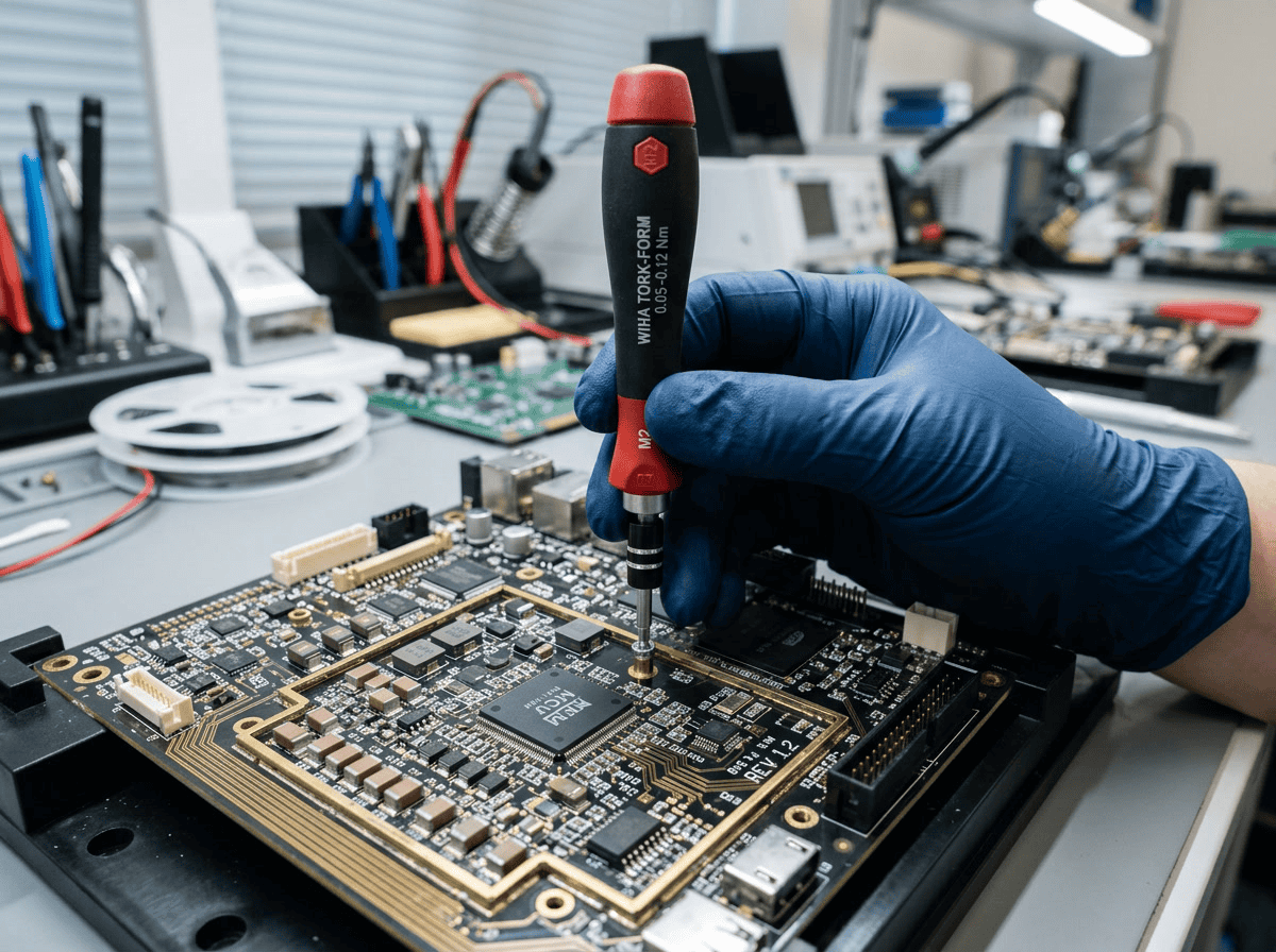 Technician assembling a circuit board with a screwdriver in a high-tech electronics lab. Focus on detailed electronic components and professional workspace setup.