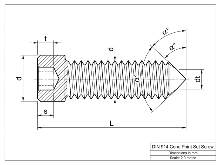 Technical drawing of a DIN 914 cone point set screw showing dimensions and thread details for industrial fastening applications.