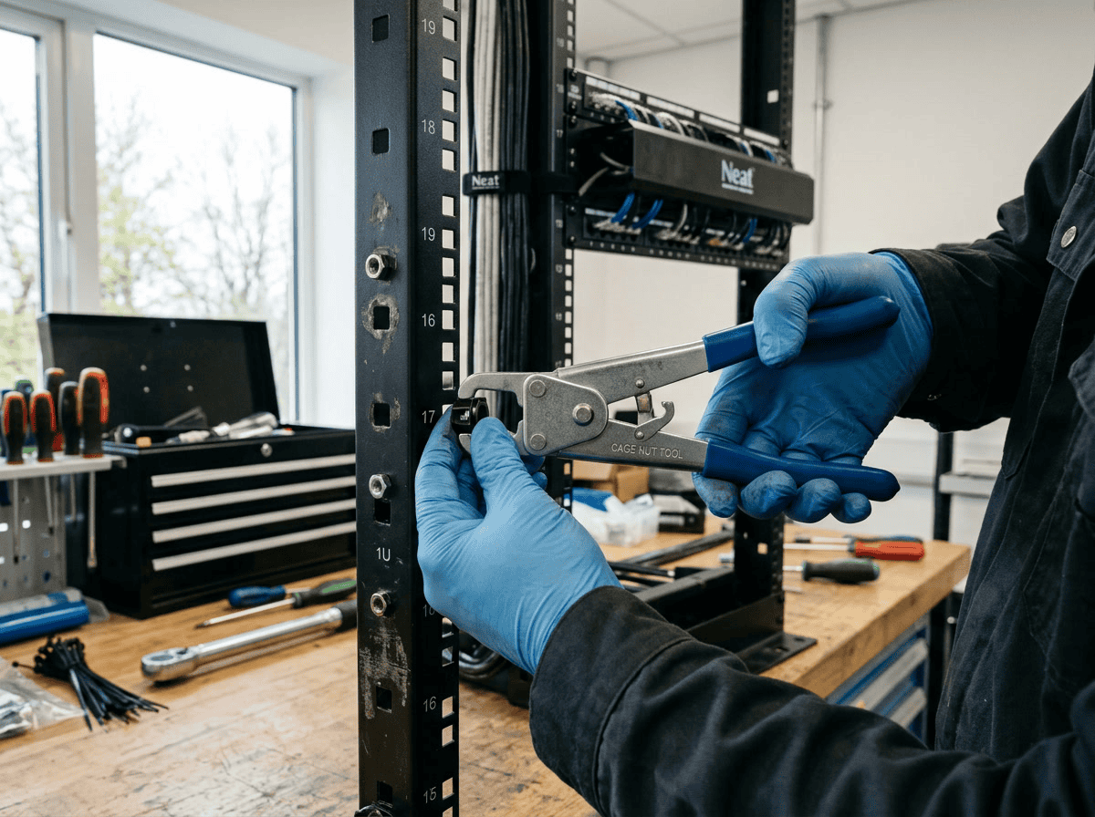 Close-up of a worker assembling industrial screws and flange bolts using a specialized tool in a manufacturing workshop.