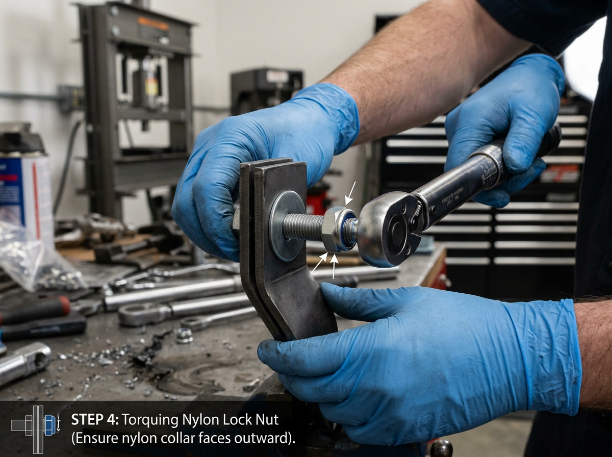 nylon nut lock — installation process diagram showing correct orientation nylon collar facing up, torque wrench application and thread engagement zone, clean vector technical illustration