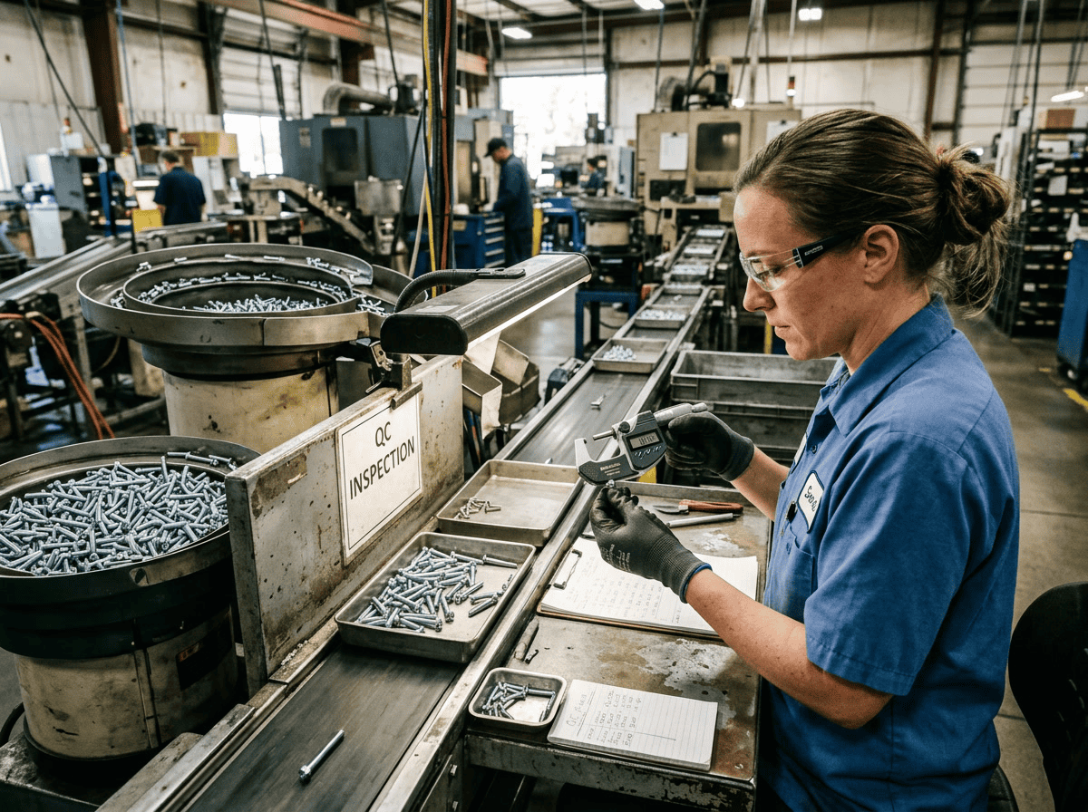 what is a screw — production line showing quality control inspection of industrial screw fasteners