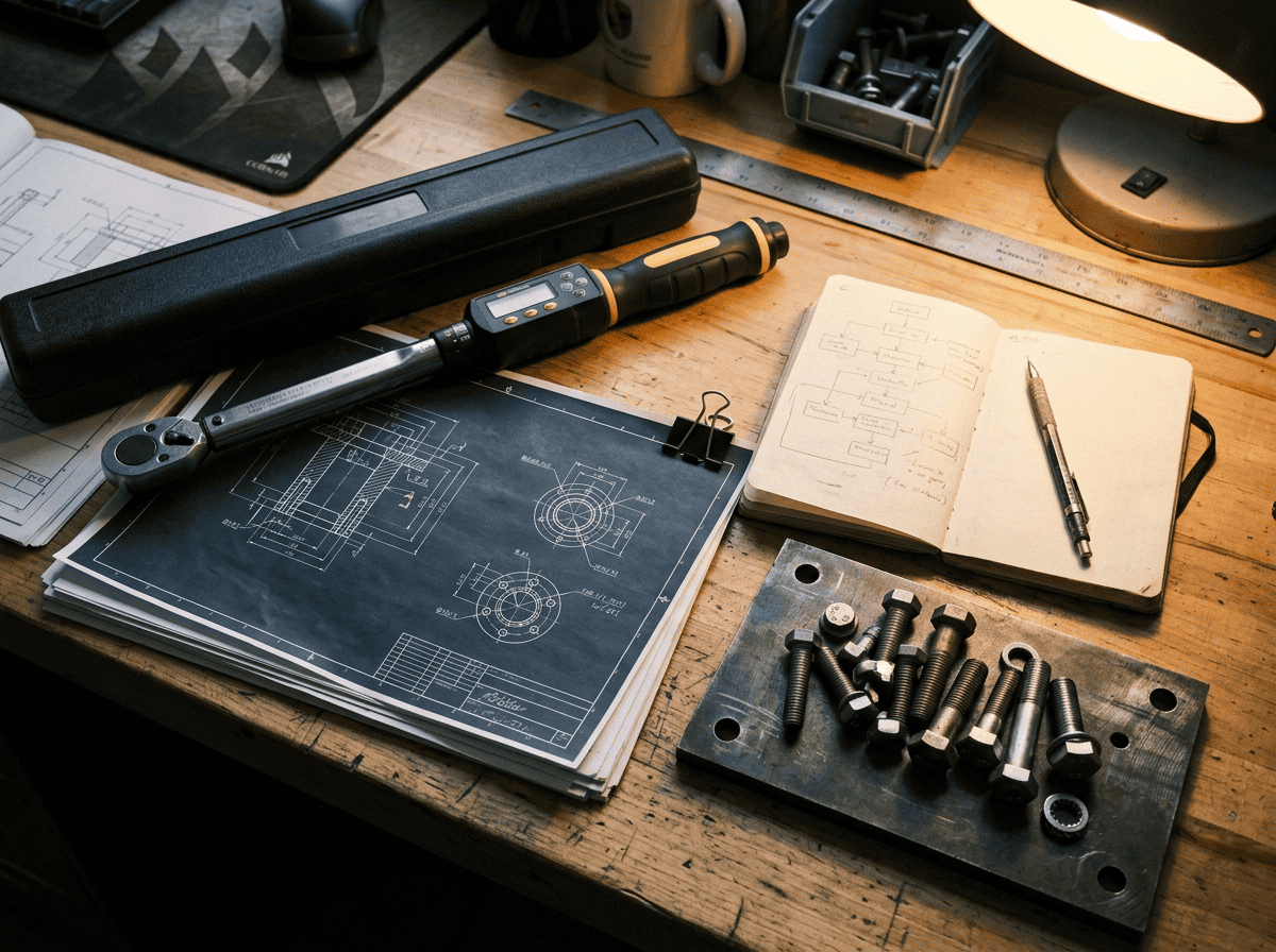Precision engineering tools, blueprints, and fasteners on a workbench, showcasing manufacturing and assembly processes for industrial screws and flange bolts.