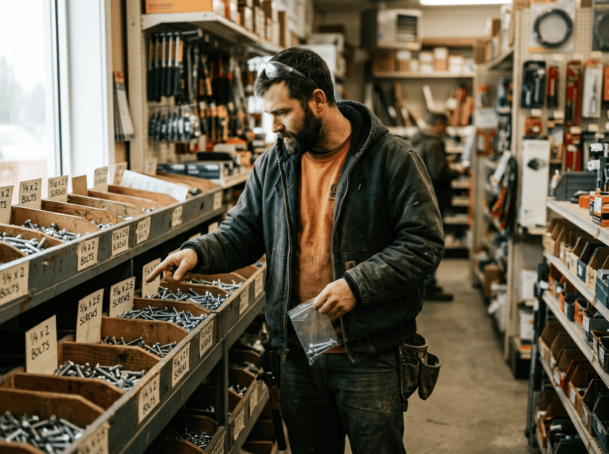 An industrial worker selecting flange bolts and screws from organized bins in a hardware store.