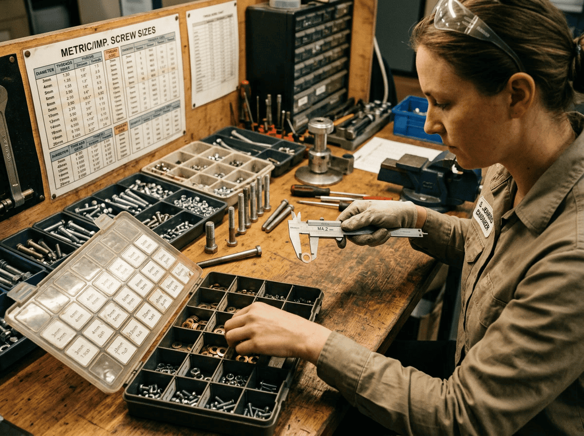 brass washers selection guide engineer choosing correct size with calipers at workbench