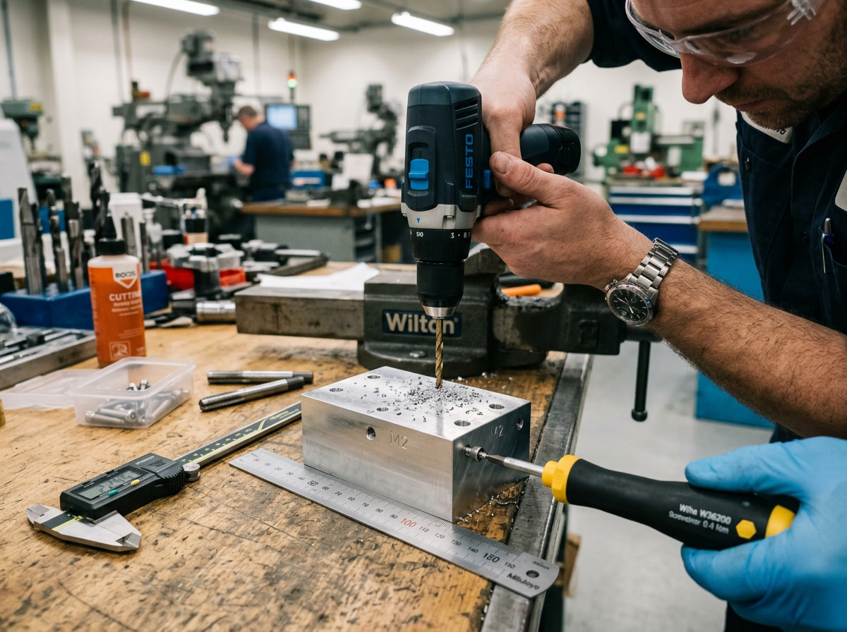 M2 screw dimensions — how-to guide showing drill hole sizing and torque application with labeled callouts