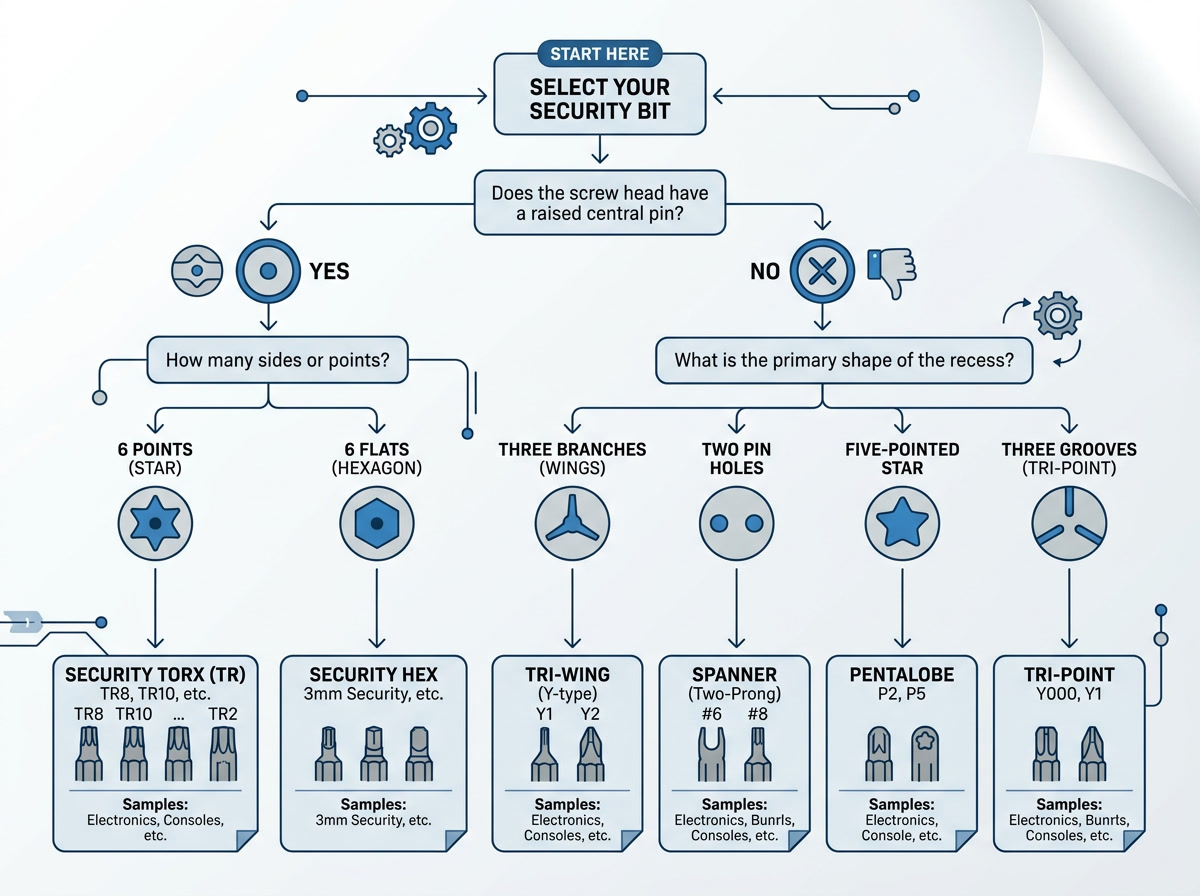 security bit selection guide — decision flowchart showing which security bit types to prioritize based on application: electronics, automotive, or infrastructure