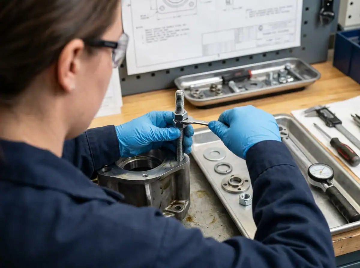 Close-up of a technician assembling flange bolts and industrial screws in a workshop setting, demonstrating precision and quality manufacturing processes.