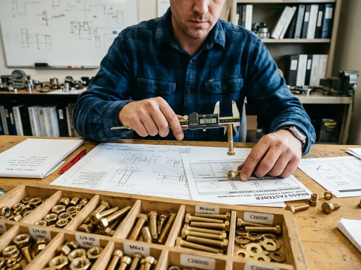 Engineer measuring flange bolt dimensions with caliper in workshop, surrounded by various industrial screws and fasteners for quality control.