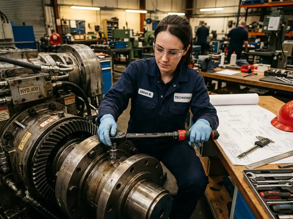 Female technician inspecting industrial screw components on machinery in a manufacturing workshop. Focus on quality control of flange bolts and industrial screws.