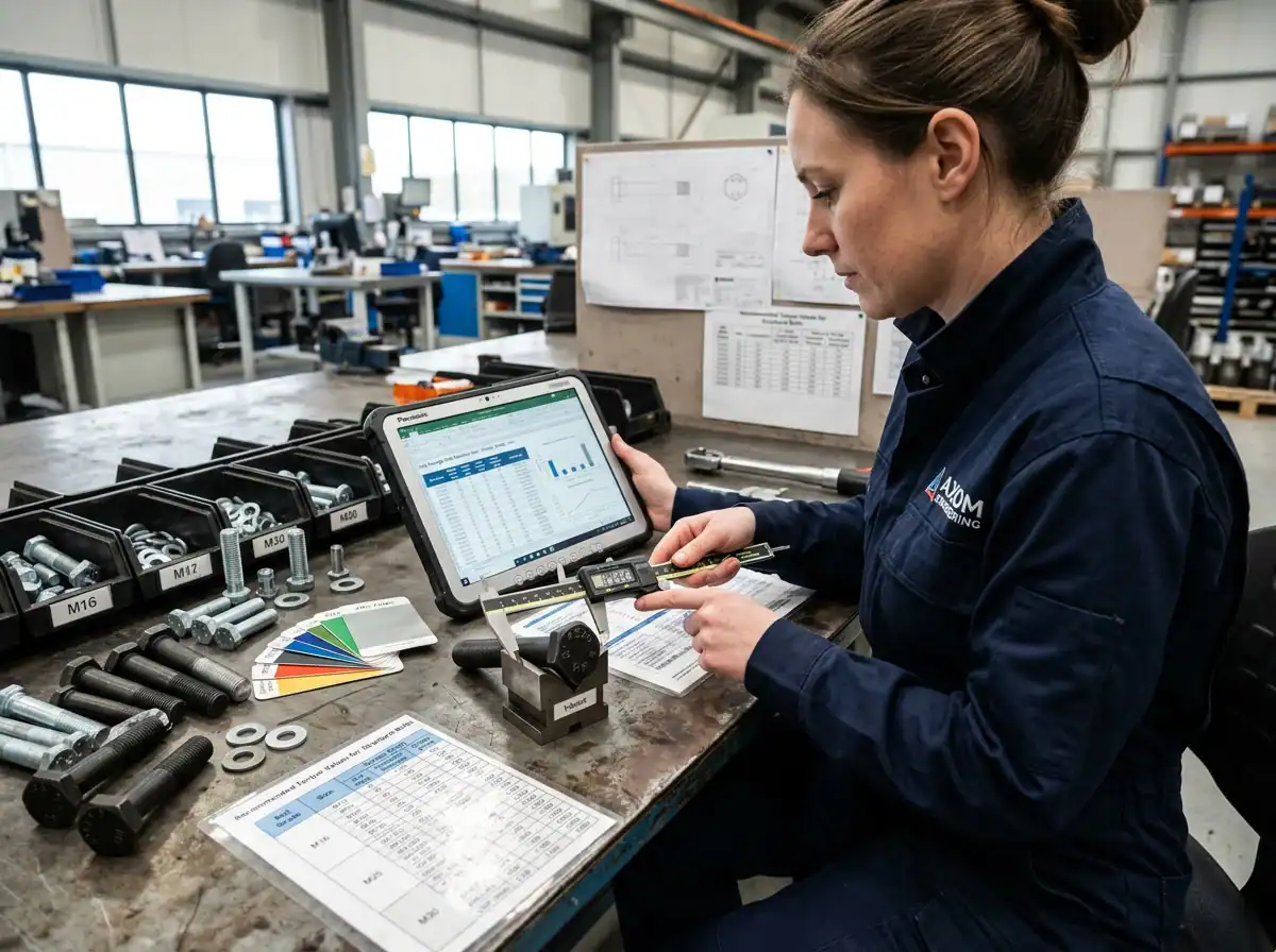 high strength bolts process illustration showing engineer reviewing grade chart, preload method, coating choice, and joint geometry on a production planning table