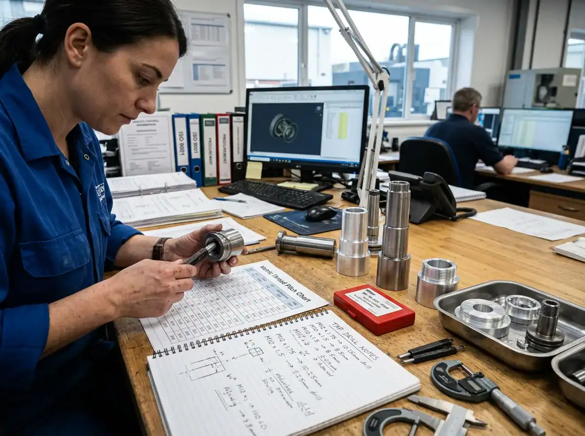 Woman inspecting flange bolts and industrial screws in a manufacturing facility, emphasizing quality control and precision in fastener production.