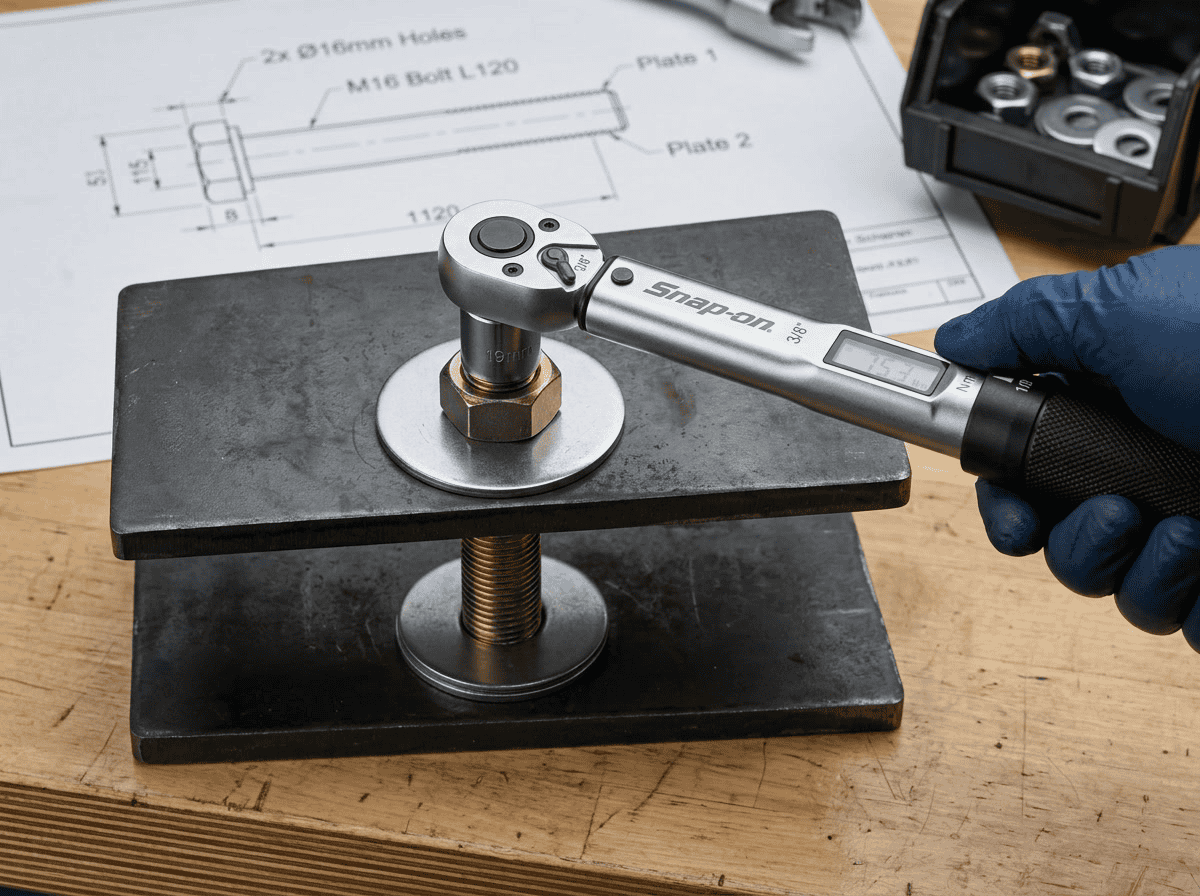 A technician uses a Snap-on torque wrench to tighten a flange bolt on a testing setup, showcasing precision manufacturing of industrial screws and bolts.