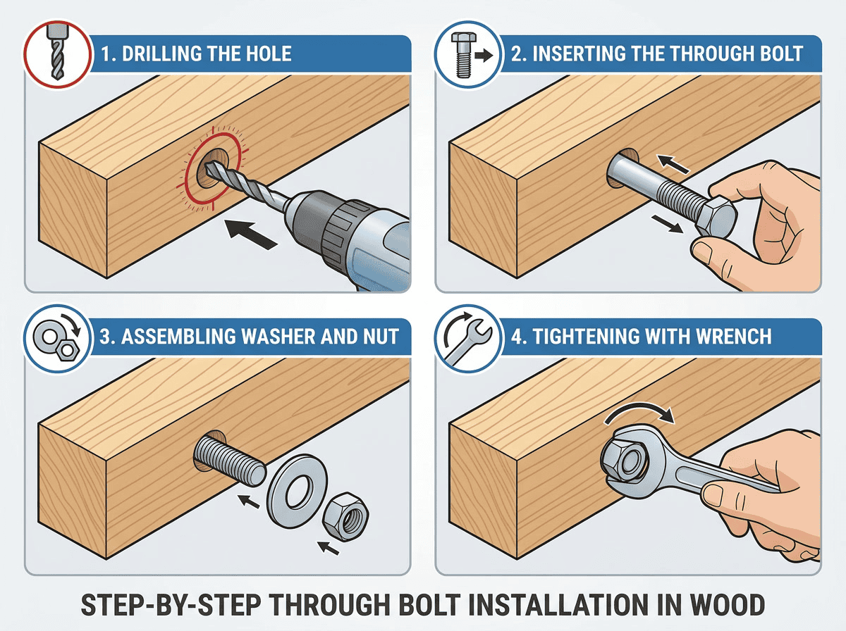 thru bolt installation — a process diagram showing drill-through, bolt insertion, washer placement, and torquing sequence for a wood beam connection