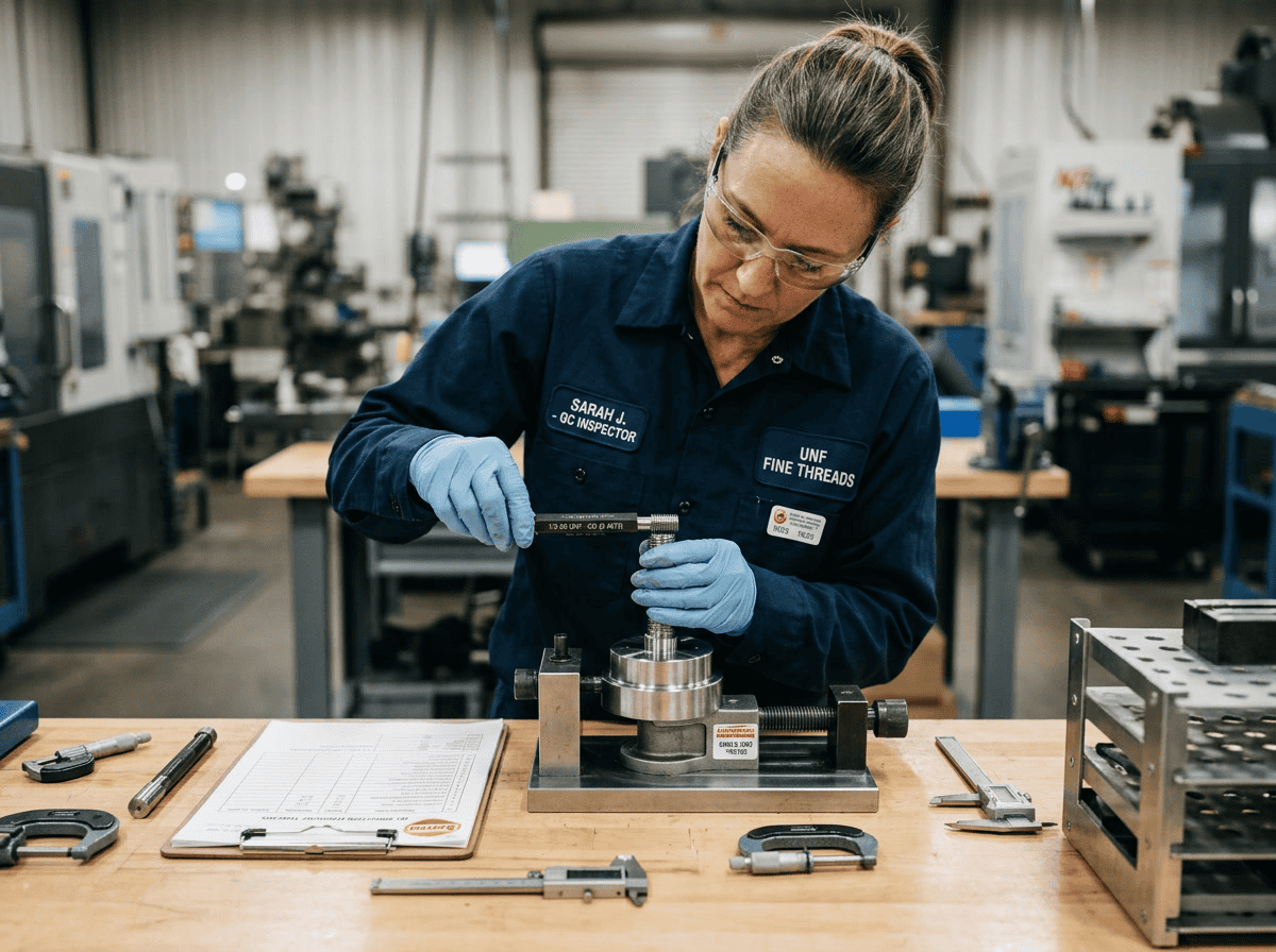 UNF thread — how-to illustration showing thread gauge verification process with go/no-go gauge on a machined bolt