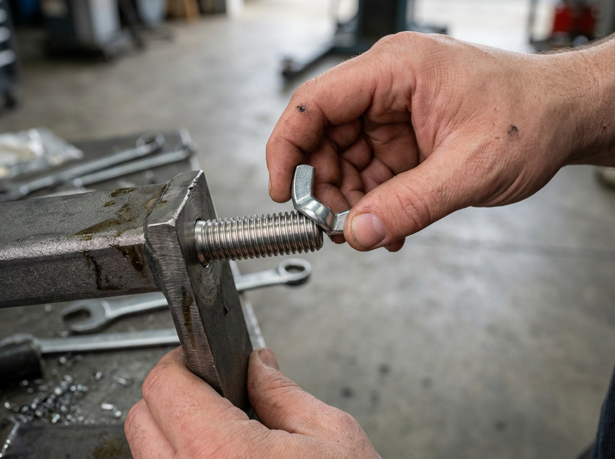 wing nuts and bolts — process visual showing step-by-step installation: threading onto bolt, finger-tightening to snug, verifying with thread engagement check