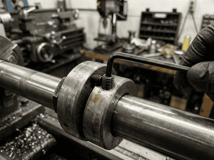 Close-up of a flange bolt being machined on a lathe in a manufacturing workshop, showcasing precision metalworking for industrial fasteners.
