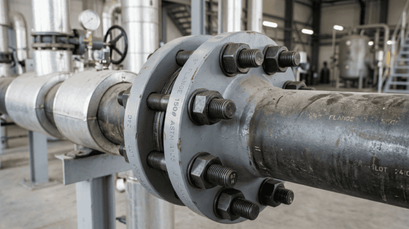 High-quality flange bolts securing industrial piping systems at DingLong manufacturing plant.