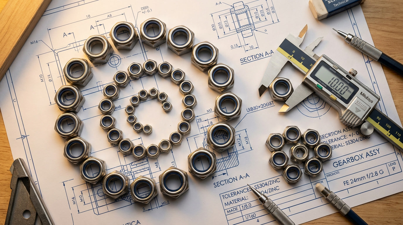 nylon nut lock — closing editorial photography showing assorted stainless and zinc-plated nylon lock nuts laid on a technical blueprint with vernier calipers, studio softbox lighting