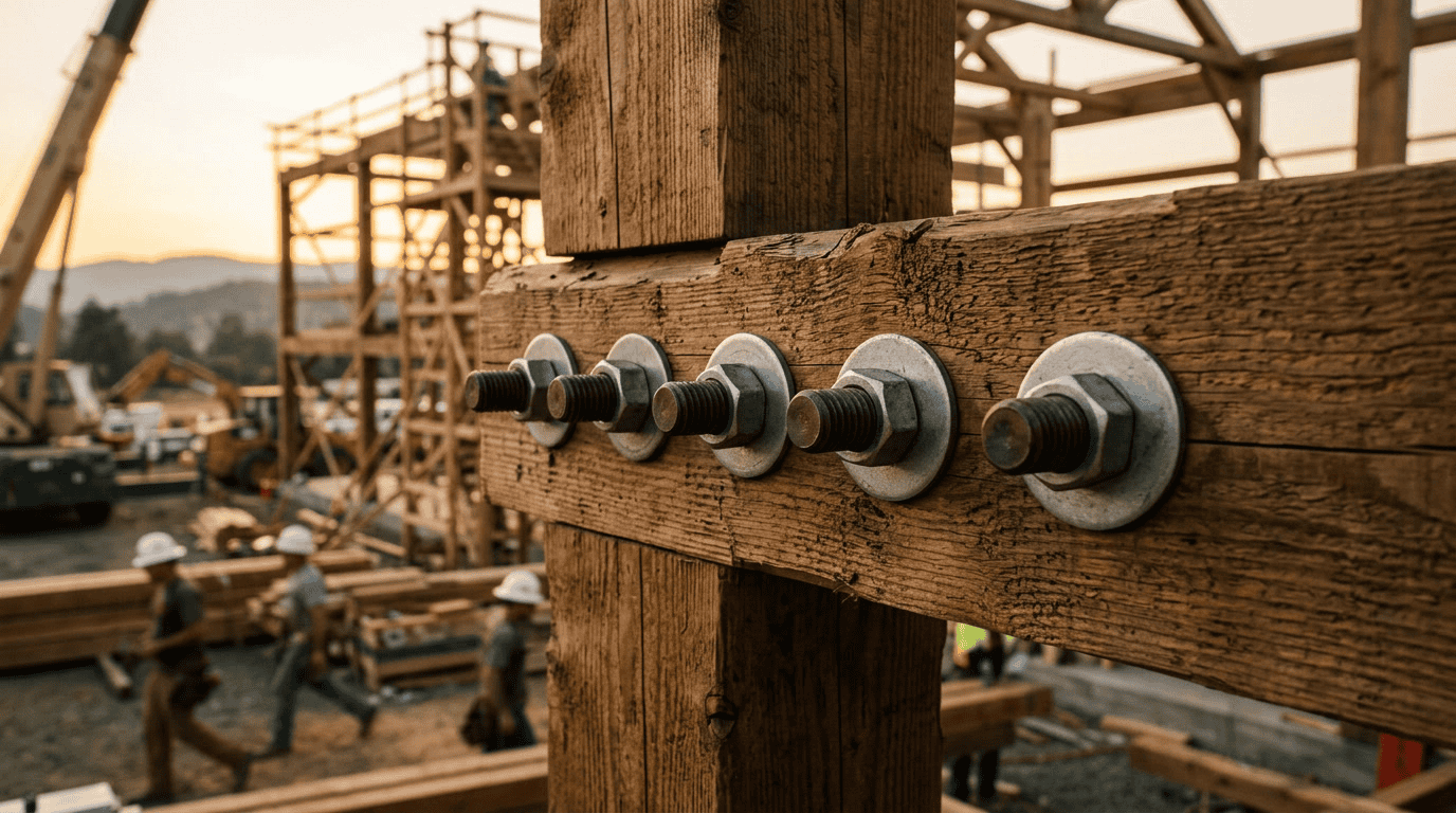 thru bolt — closing editorial image showing a row of structural thru bolts with washers and nuts installed in a heavy timber frame connection