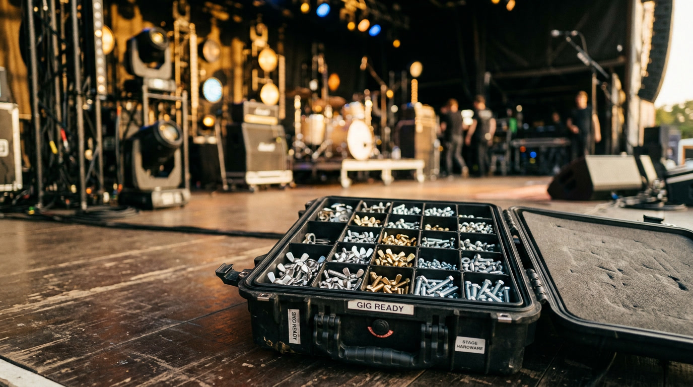 wing nuts and bolts — closing visual showing a complete production stage hardware kit with assorted wing nuts, bolts, and fastener accessories organized in a professional case